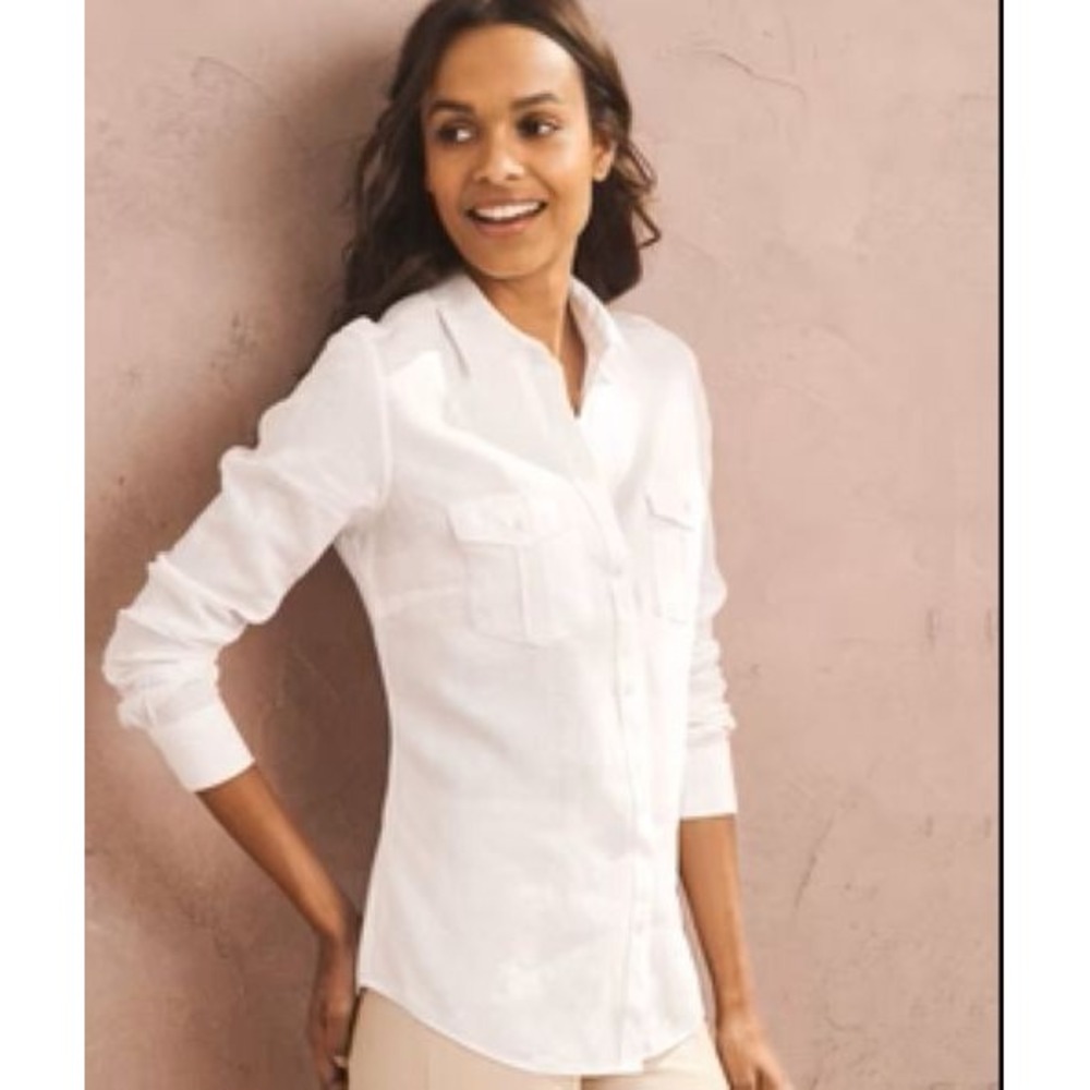 NYC Ivory Button Up Chest Pocket Western Preppy Long Sleeve Roll Tab Y2K Women L